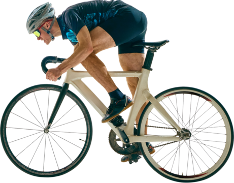 Focused male athlete leans forward on white racing bicycle, pushing intensity in sprint posture for competitive performance. Concept of speed, sport, competition, cycling, training.