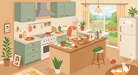Naklejka premium A happy senior woman is busy preparing a meal on a kitchen island filled with fresh ingredients, with a cat playing nearby and a vibrant garden visible through the window.
