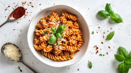 white pasta bowl spiral pasta in creamy tomato-paprika sauce, grated parmesan, chili flakes, and fresh whole basil leaves.