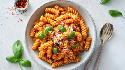 white pasta bowl spiral pasta in creamy tomato-paprika sauce, grated parmesan, chili flakes, and fresh whole basil leaves.