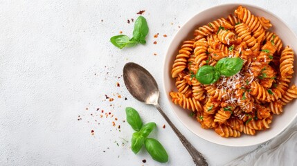 white pasta bowl spiral pasta in creamy tomato-paprika sauce, grated parmesan, chili flakes, and fresh whole basil leaves.