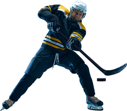 Professional male hockey athlete prepares powerful slapshot with full body twist and lifted puck, wearing black and yellow uniform. Concept of winter sport promotion, sports branding and marketing - Powered by Adobe