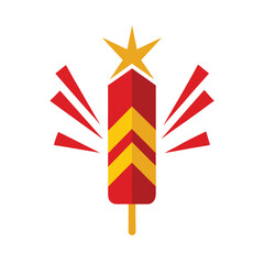 A vector illustration of a red and yellow firework rocket with star design on white