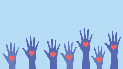 World Humanitarian Day Vector Illustration, Raised Hands with Hearts Symbolizing Unity and Volunteerism