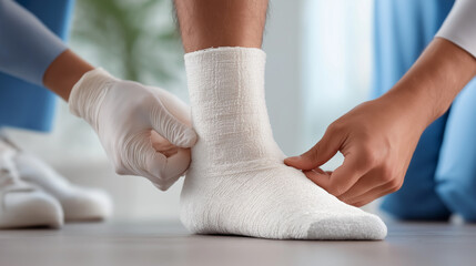A doctor carefully wraps a patient