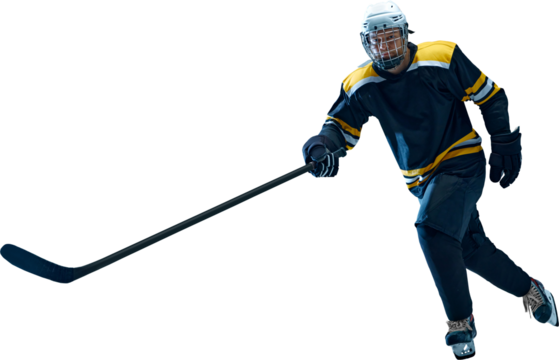 Male hockey forward glides across ice in full gear holding long stick ready for maneuver. Concept of online courses, infographics about hockey, and interactive sports learning platforms
