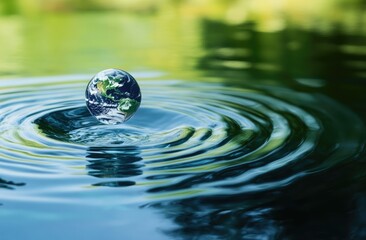 Earth resting gently on rippled water surface