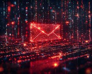 Glowing red email icon in a digital universe
