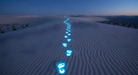 Luminous Footprints Trail Across White Sand Dunes at Dusk Glowing Footsteps in Desert Landscape.
