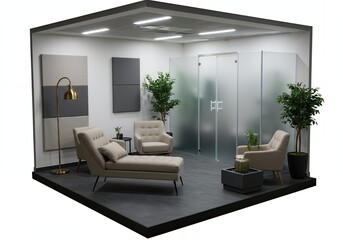 Fototapeta premium Relaxation Zone with Chaise Lounge Armchairs and Potted Plants in Muted Tones