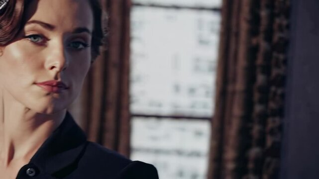 a cinematic portrait of a noble 1940s woman resembling Ingrid Bergman, wearing an elegant vintage hat and a classic tailored suit