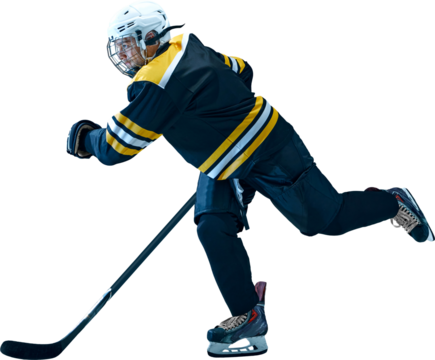 Professional athlete in black uniform glides forward on skates with firm grip on stick and intense expression, isolated on transparent background. Concept of training posters, motion analysis visuals