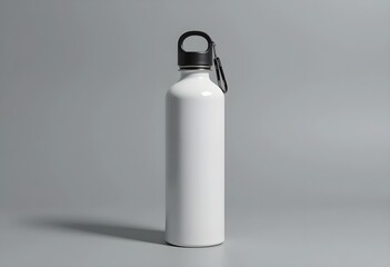 Minimalist White Metal Water Bottle with Black Cap and Carabiner on Gray Background
