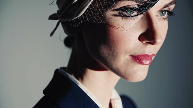 a cinematic portrait of a noble 1940s woman resembling Ingrid Bergman, wearing an elegant vintage hat and a classic tailored suit