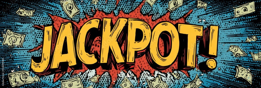 Poster exciting pop art design featuring jackpot text with money raining down in a vibrant and colorful sty