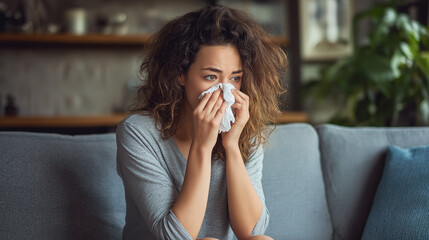 A woman sits on a couch, wiping away tears, capturing a moment of vulnerability and emotional reflection, symbolizing personal struggles or resilience.