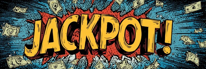 Exciting Pop Art Design Featuring JACKPOT Text With Money Raining Down in a Vibrant and Colorful Style