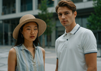 young asian woman and man standing together in urban setting, showcasing modern fashion and diverse representation in city lifestyle