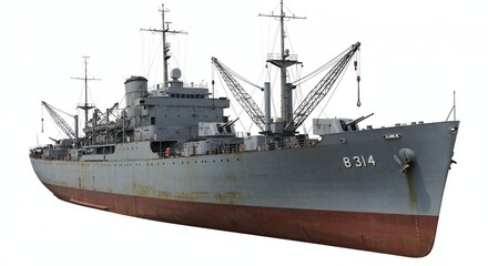 Side View of a Grey Warship Isolated Against White Background with Cranes and Visible Hull Number