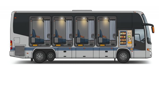 Side View Intercity Sleeper Bus with Open Compartments Gray and White Exterior Design with Interior Lights and Seats For Long Distance Travel and Tourism