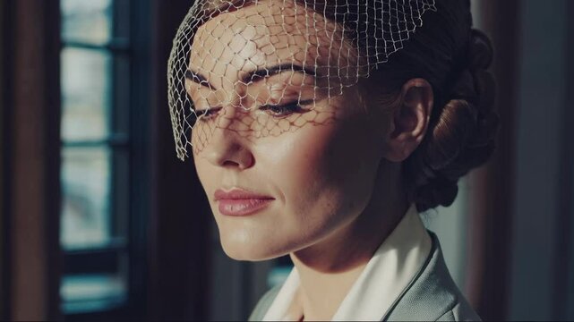 a cinematic portrait of a noble 1940s woman resembling Ingrid Bergman, wearing an elegant vintage hat and a classic tailored suit