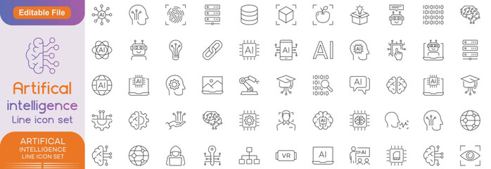 Artificial Intelligence web icons in line style. Innovation technology, virtual, learning, assistant, test, machine, robot, bot, brain, collection. Vector illustration.