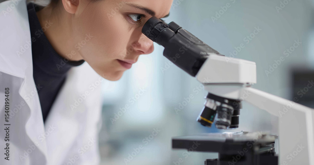 Aufkleber A scientist examines advanced shape memory alloys under a microscope in a state-of-the-art laboratory. The focus is on transformation properties of smart materials, including liquid metal features.