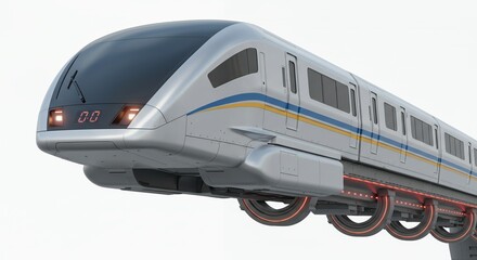Sleek Silver Maglev Train Design on White Background Showcasing Magnetic Levitation Technology And Futuristic Appeal