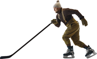 Male hockey player wearing vintage knitwear and skates in dynamic motion on transparent background. Concept of social media campaigns for athletes, motion illustration in sports science