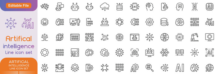 Artificial Intelligence web icons in line style. Innovation technology, virtual, learning, assistant, test, machine, robot, bot, brain, collection. Vector illustration.