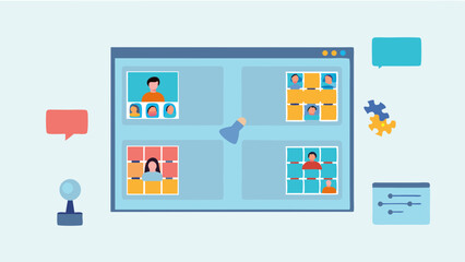 Virtual meeting interface with four participants and floating ui elements displayed online now
