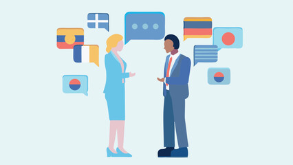 Business people communicating with international speech bubbles representing languages