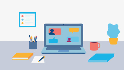 Illustration of a laptop displaying a video conference on a desk with books and office supplies