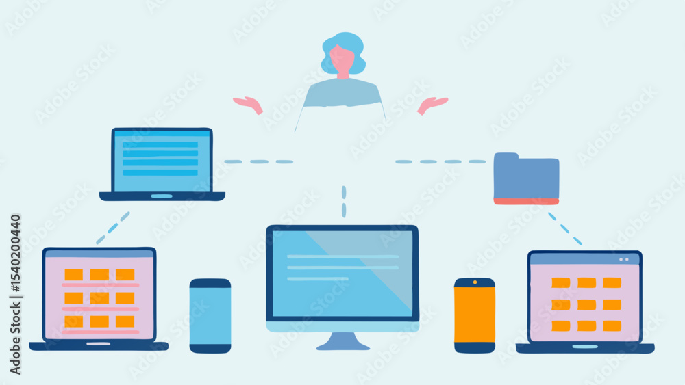 Aufkleber illustration of a person connecting multiple devices like computers and mobile phones to a network