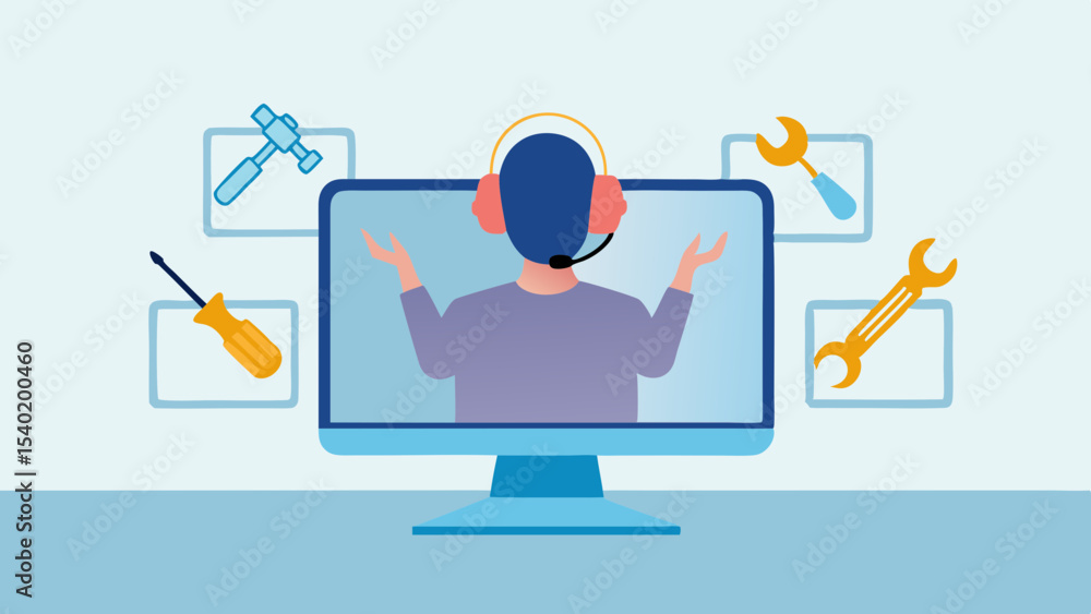 Aufkleber illustration of a support agent with tools displayed on a computer screen providing assistance onlin