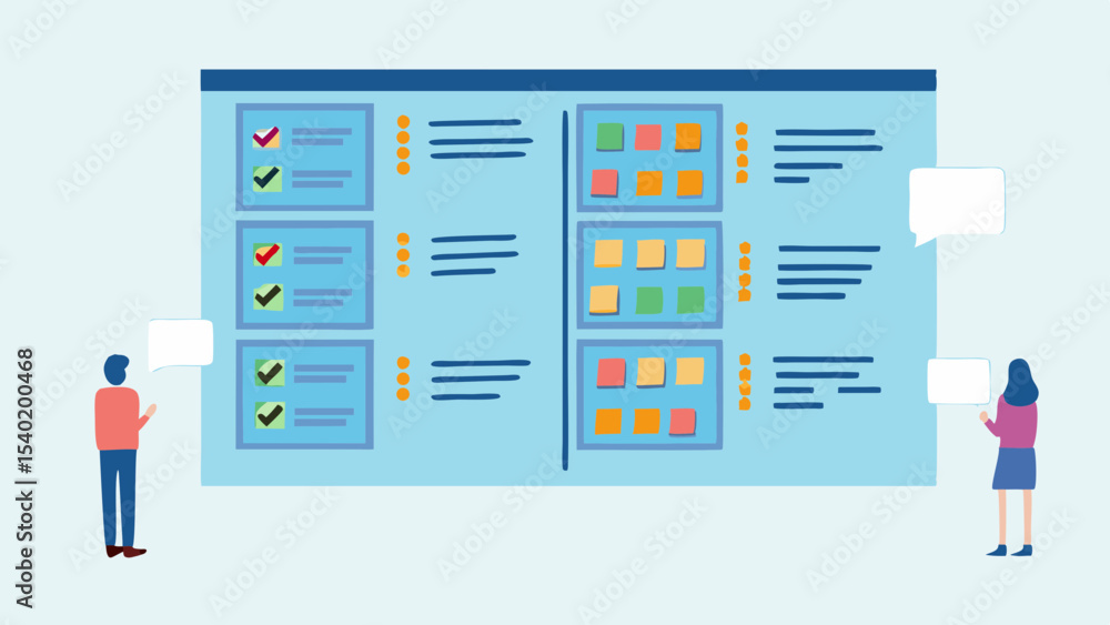 Poster illustration of a kanban board with people discussing tasks and project management process flow char