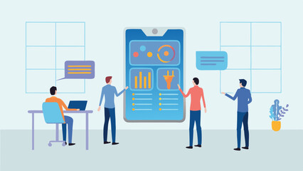 People discussing data on a large screen with charts and graphs in a modern office environment design