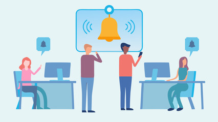 People receive notification bell alert while working at desks in a light blue office setting