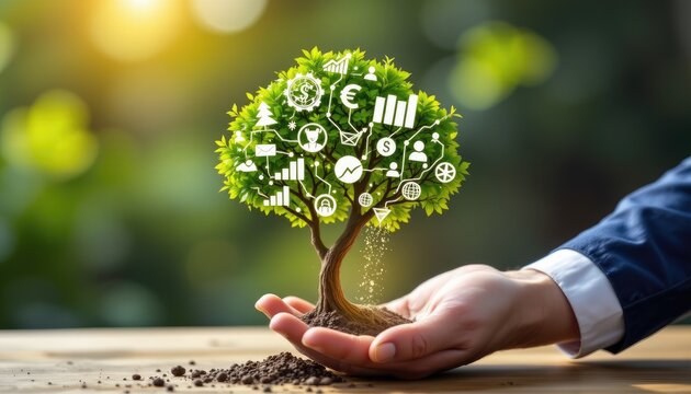 business tree made of financial charts, being watered by hand holding strategy icons. 4k resolution.
