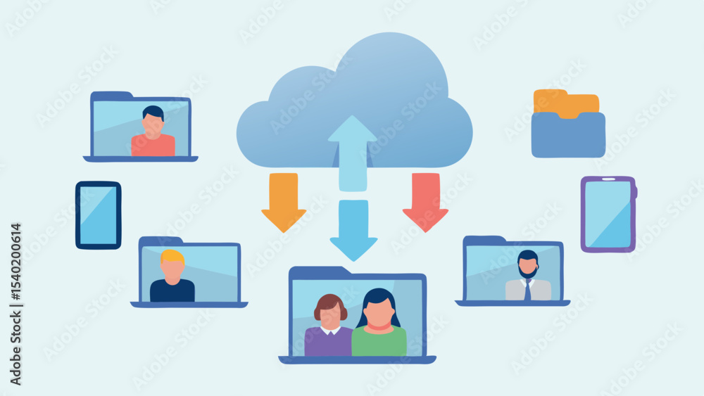 Poster cloud computing network with laptops, tablets, folders and people sharing data and information onlin