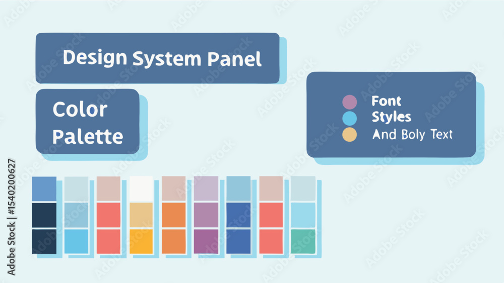 Aufkleber illustration of a design system panel with color palette and font styles and bold text on a light bl