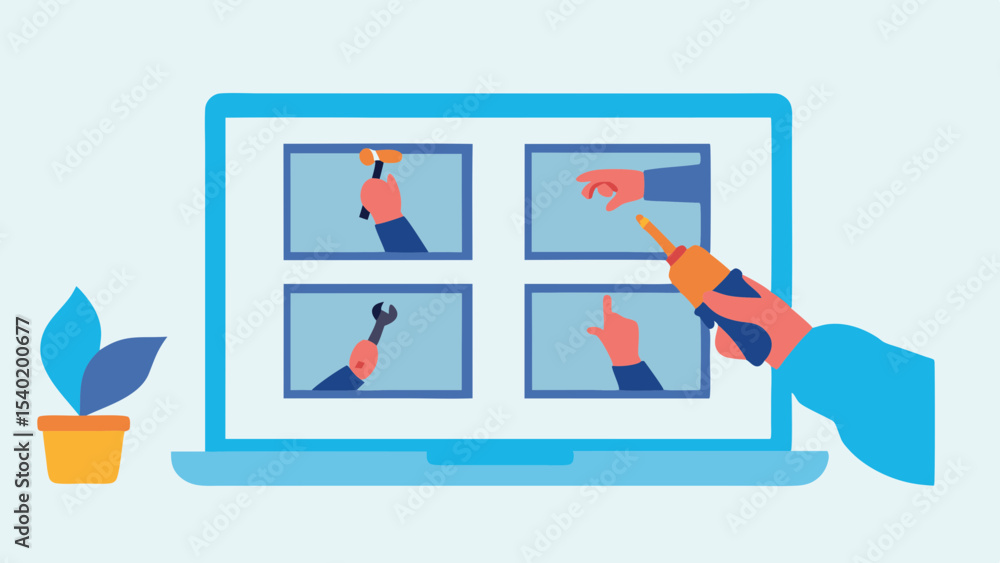 Aufkleber online tutorial showing hands using tools on a laptop screen with a plant on the side of it