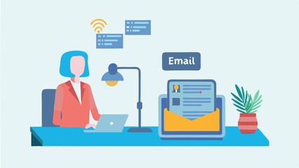 Fototapeta premium Woman working at desk with laptop, email icon, plant, and lamp in a brightly lit office space design