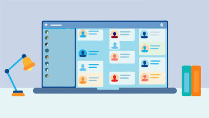 Illustration of a laptop displaying a contact list with a lamp and books on the desk surface