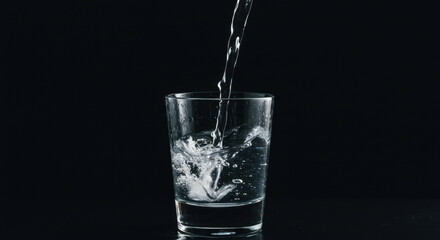 Water Pouring Glass with Drink, Refreshment, and Black Background.