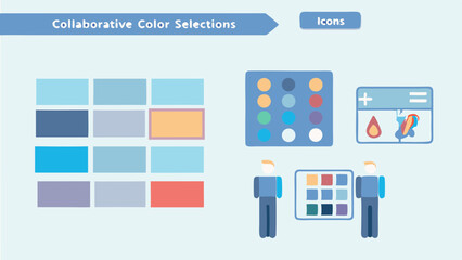 Fototapeta premium Illustration showing color palettes, icons, and people collaborating on color selections, design elements