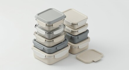 Stack of Reusable Food Containers in Neutral Tones Kitchenware on White Background