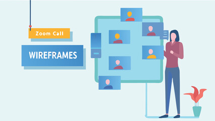 Illustration depicting a zoom call wireframes presentation with a presenter and participants on screen