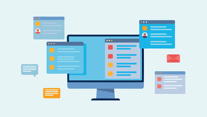 Illustration showing a desktop computer with multiple windows and an email icon around it