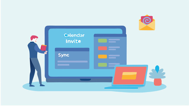 Illustration of a person with calendar invite on a tablet and a laptop with an email icon nearby